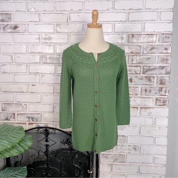 Liz Claiborne Deep Spring Green Cotton Blend Crochet Knit Button Cardigan XS - Picture 1 of 10